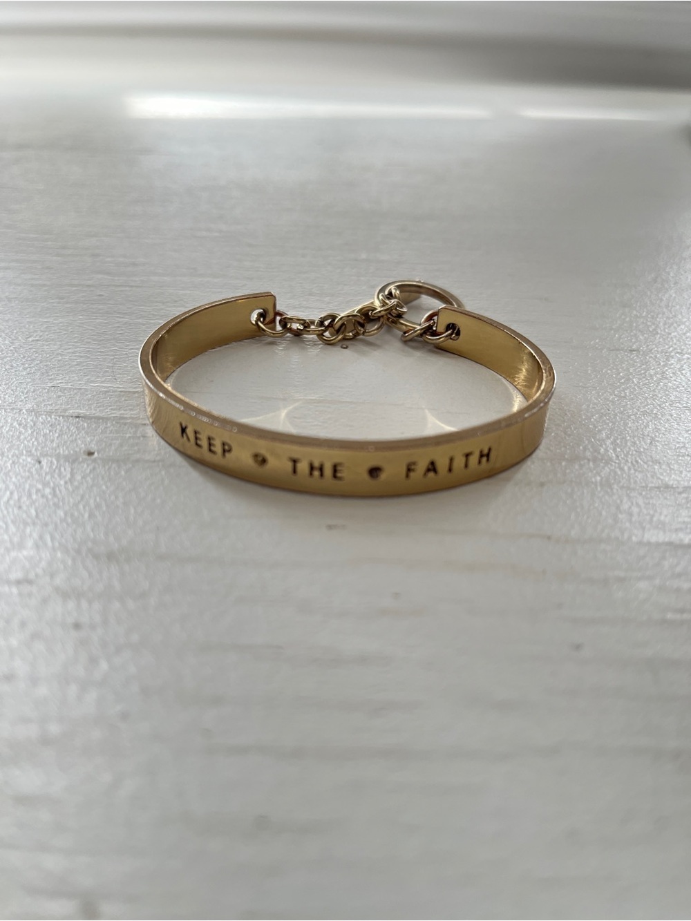 BCBG "Keep the Faith" Gold-Tone Engraved Toggle Clasp Safety Chain Cuff Bracelet